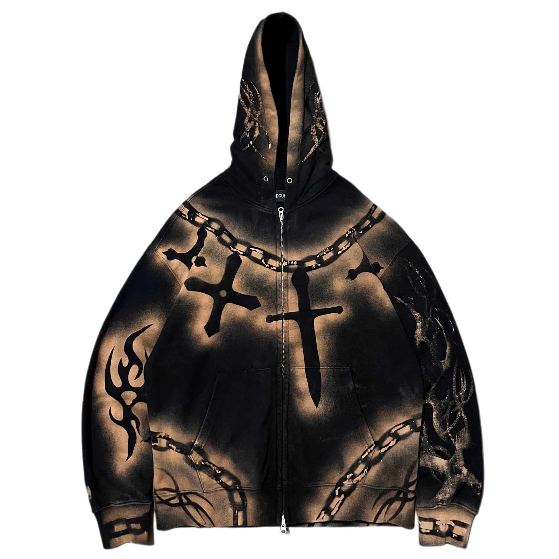 Hoodie with cross and chain design on a white background