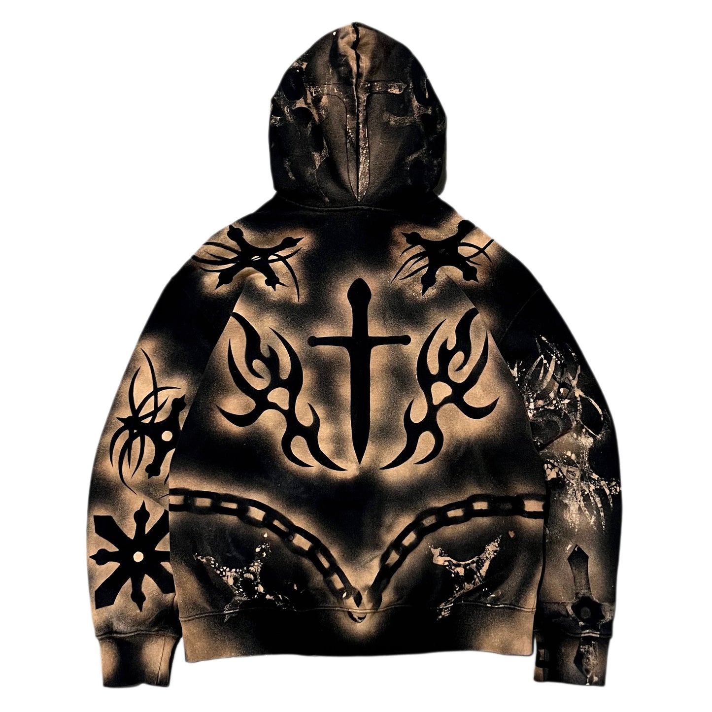 Hoodie with black tribal designs and a cross on a white background