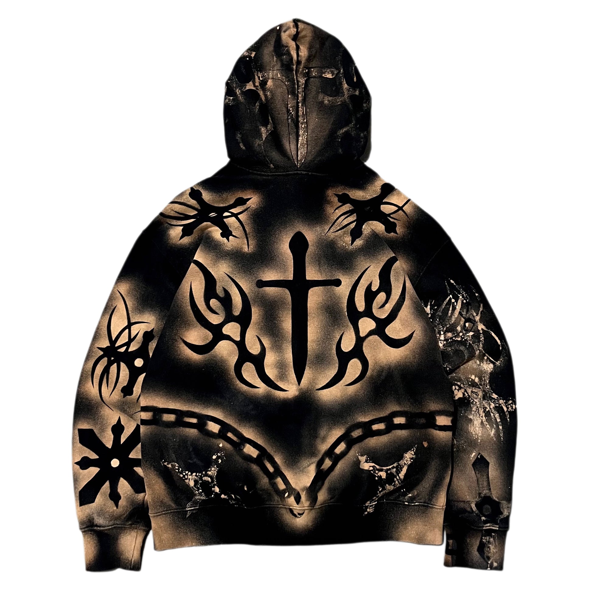 Hoodie with black tribal designs and a cross on a white background